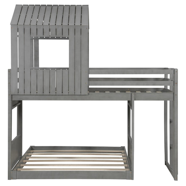 English Elm Wooden Twin Over Full Bunk Bed Farmhouse Playhouse Design with Ladder Guardrails LT000327AAE-1