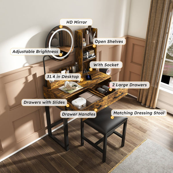 English Elm Makeup Vanity Table with LED Lights, Built-In Outlet & USB, Large Drawers, Hair Dryer Stand Brown W509P297015