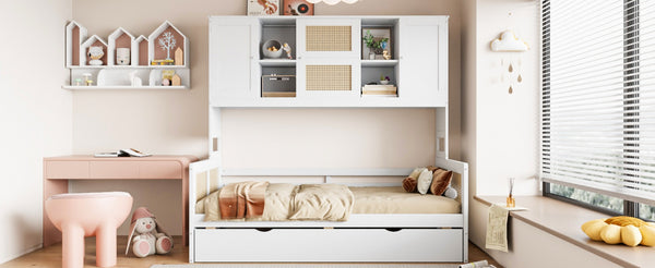 English Elm Twin Size Wooden Daybed With Trundle, Integrated Storage Cabinet & Modern White Finish For Space-Saving N820S00048K-GIGA