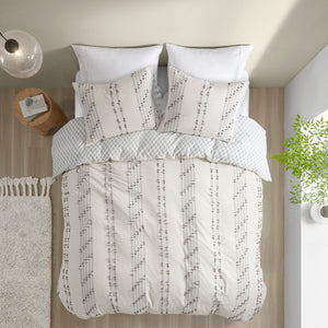 English Elm Full/Queen Kara Cotton Jacquard Duvet Cover Set – OEKO-TEX, button closure, ties, global striped & diamond design Ivory 11.81 L x 9.84 W x 5.51 H B03596505