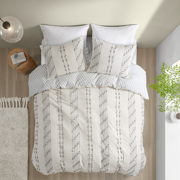 English Elm Full/Queen Kara Cotton Jacquard Duvet Cover Set – OEKO-TEX, button closure, ties, global striped & diamond design Ivory 11.81 L x 9.84 W x 5.51 H B03596505