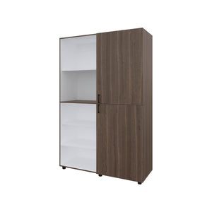 English Elm Grey Walnut Two-Door Wardrobe with Open Shelves, Concealed Storage, Modern Melamine Finish Elegant contrast and space-saving design for bedroom organization B062S01381
