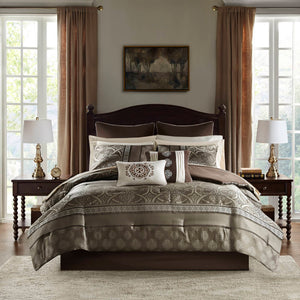 JLA Home Madison Park Essentials - 16 Jacquard Comforter Set with Two Sheet Sets, Hypoallergenic Fill, Reversible Brown Elegance, Machine Washable 90 L x 90 W x 1.5H MPE10-795