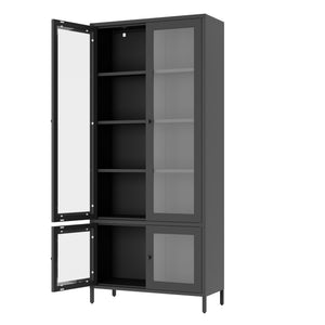 English Elm Large Metal Storage Cabinet with 4 Tempered Glass Doors, 5 Adjustable Shelves, Rust‑Resistant Steel, Black — Stylish Display & Secure Home Office Storage W2378P176271