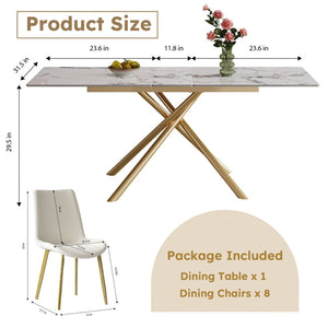 English Elm 59-inch Expandable Glass Top Dining Set Seats 8 with Upholstered Chairs X-base W2700S00091