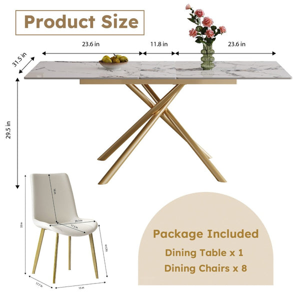English Elm 59-inch Expandable Glass Top Dining Set Seats 8 with Upholstered Chairs X-base W2700S00091