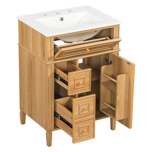 English Elm 24" Solid Pine Bathroom Vanity Cabinet with Ceramic Sink Soft Close Drawers N725P375500N
