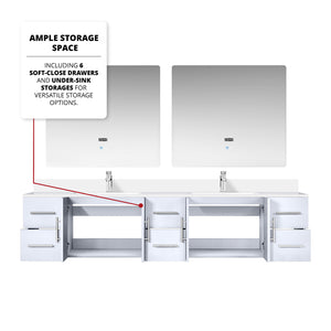 English Elm Glossy White Double Bath Vanity 84" W x 22" D with Cultured Marble Top, Chrome Faucet & 36" LED Mirrors B2731S01108