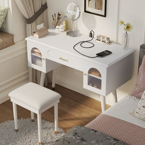 English Elm Elegant Vanity Makeup Table with Charging Station & Carved Glass Door, Sturdy Stool Included White N844P285188A