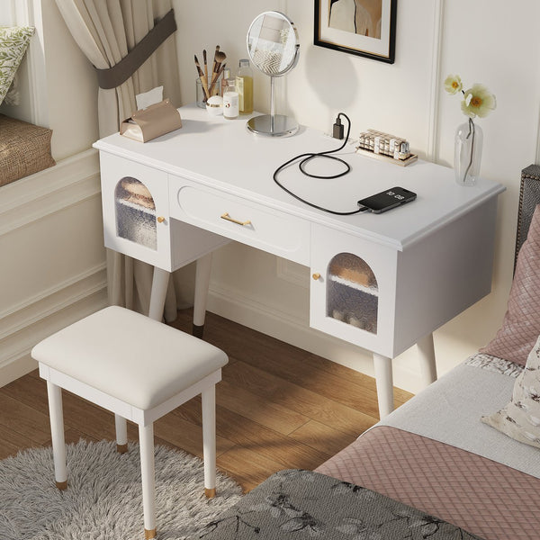 English Elm Elegant Vanity Makeup Table with Charging Station & Carved Glass Door, Sturdy Stool Included White N844P285188A