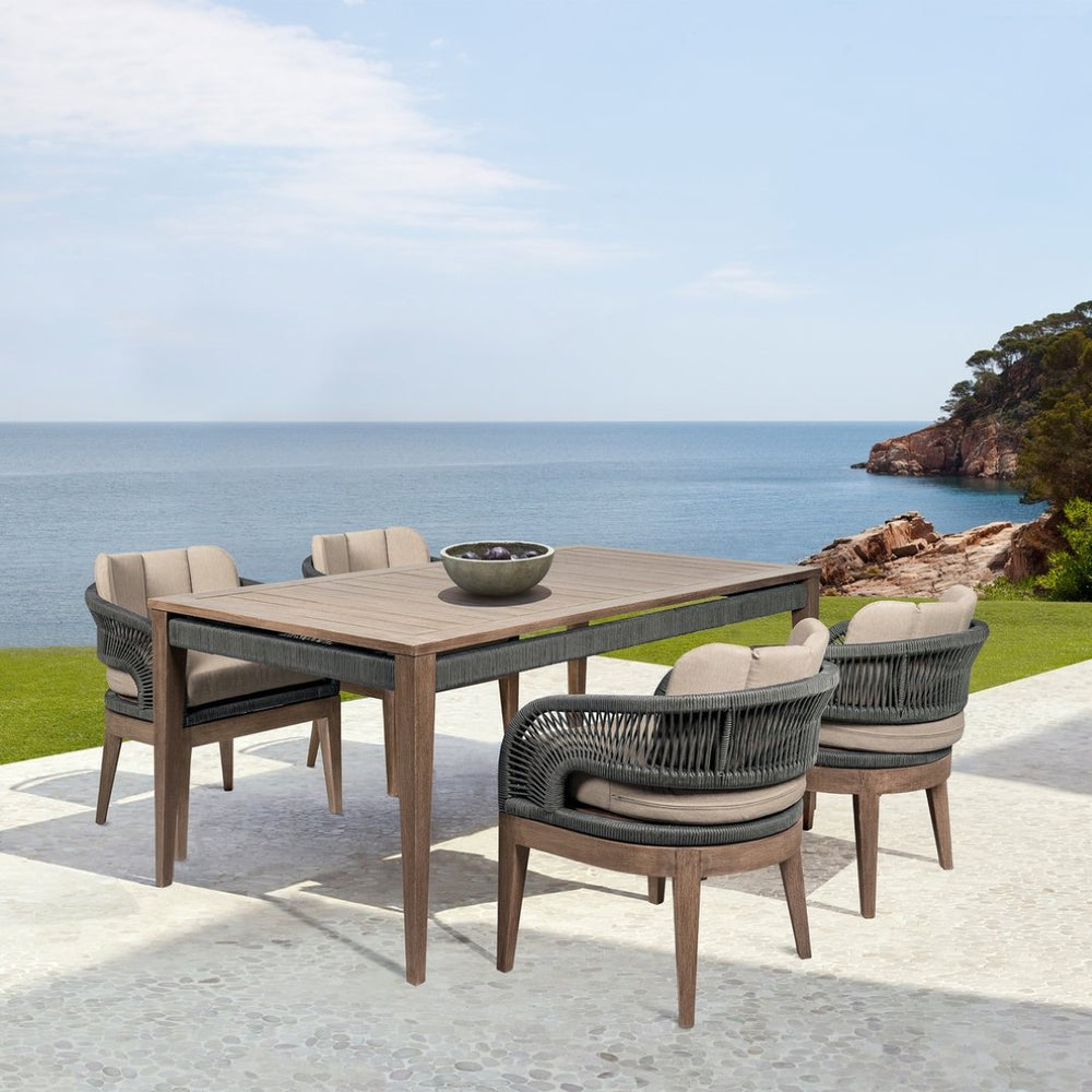 English Elm Orbit Eucalyptus Outdoor Dining Set with Rope Chairs and Olefin Cushions Seats Four B2736S00031