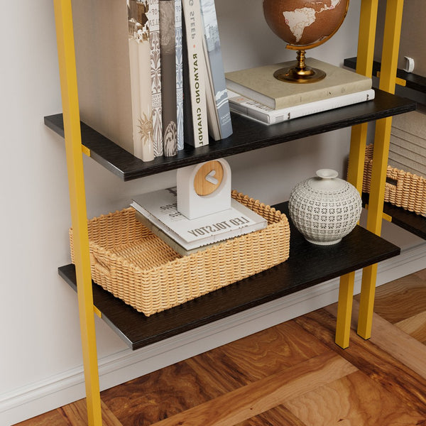 English Elm Industrial Ladder 5-Tier Wall-Mount Bookshelf with Metal Frame, MDF Shelves, Space-Saving Vertical Storage, Black/Golden Finish W578P357543
