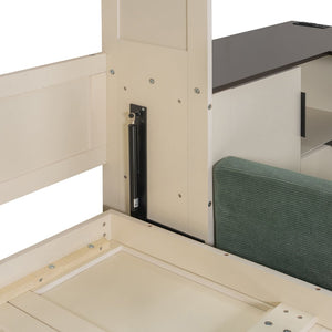 English Elm Queen Murphy Wall Bed Hydraulic Lift Velvet Sofa Built-in Shelves Led Studio Unit Cream LP000392AAA