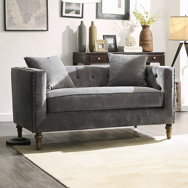 English Elm Sidonia Gray Velvet Loveseat with Button Tufting & Nailhead Trim, Down-Foam Seat, 2 Pillows, Antique Legs B2726P401996