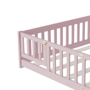 English Elm Queen Rubber Wood Floor Bed with Full Perimeter Safety Fence and Hinged Access Door Pink W504P429344