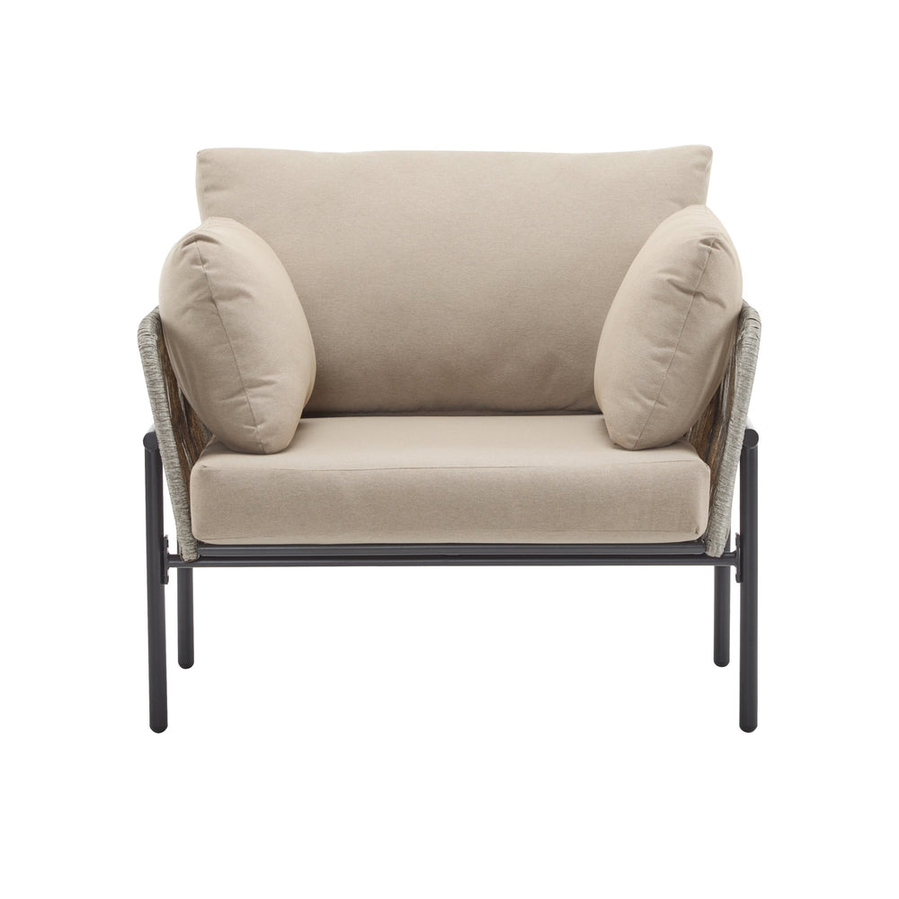 English Elm Christopher Knight Home® - 36" Rope Iron Lounge Chair with Light Wood-Tone Weave and Plush Waterproof Cushions for Outdoor Comfort Beige+Grey N767P237035G