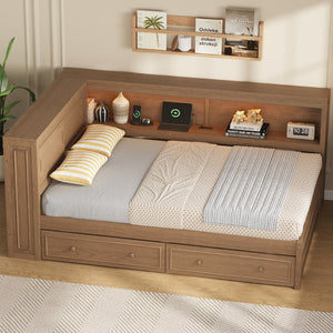 English Elm Full Pine Platform Daybed with Led Lighting Usb Charging Headboard Shelf and Drawers Wood N7090004032D