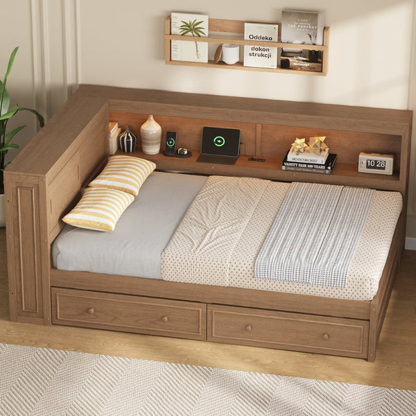 English Elm Full Pine Platform Daybed with Led Lighting Usb Charging Headboard Shelf and Drawers Wood N7090004032D
