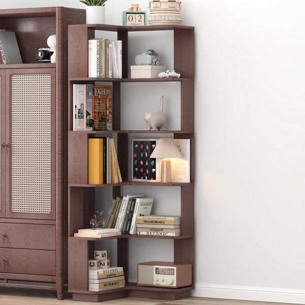 English Elm 6 Tier Freestanding L-Shaped Corner Bookshelf with Anti-Tip, Rounded Corners, 3D Wood Grain Finish Ox Blood Red W2899P372514