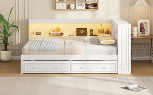 English Elm Full Pine Platform Daybed with Led Lighting Usb Charging Headboard Shelf and Drawers White N7090004032K