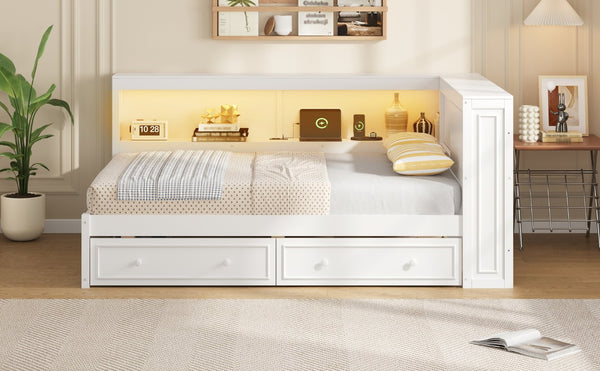 English Elm Full Pine Platform Daybed with Led Lighting Usb Charging Headboard Shelf and Drawers White N7090004032K
