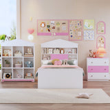 3-Pc Twin Bedroom Set: House-Shaped Wooden Bed w/ Storage Drawers, Nightstand w/ Colorblock Design, Pink+White