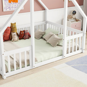 English Elm Full House-Shaped Floor Bed with Fence and Guardrails, Pine Wood Play Loft for Imaginative Kids Retreat White W504P143294