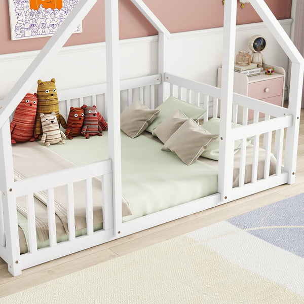 English Elm Full House-Shaped Floor Bed with Fence and Guardrails, Pine Wood Play Loft for Imaginative Kids Retreat White W504P143294