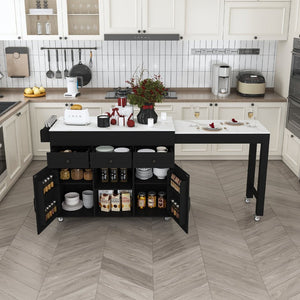 English Elm 74.8" Rolling Kitchen Island Extendable Marble Veneer Top with Power Outlet and Storage W2700S00106
