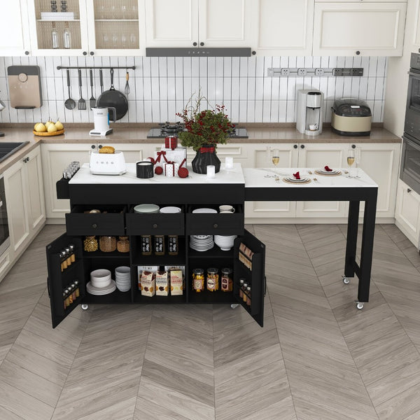 English Elm 74.8" Rolling Kitchen Island Extendable Marble Veneer Top with Power Outlet and Storage W2700S00106