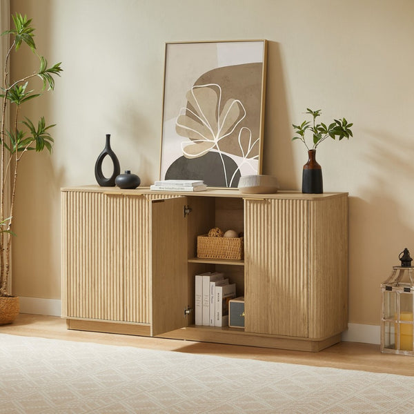 English Elm 63" Wave Front Sideboard with Four Door Storage for Living Room Hallway Bedroom Oak W1820P431360
