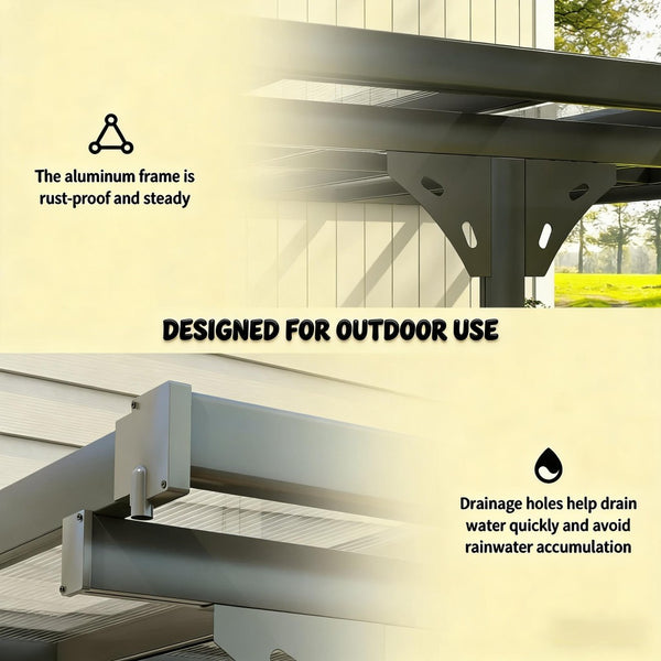 English Elm Wall-mounted Aluminum Pergola with Polycarbonate Roof for Patio Uv and Rain Protection T3971S00179