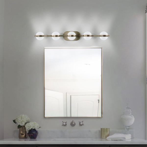 English Elm Bathroom Vanity Light - Elegant 5-Bulb Led Fixture With Crystal Sand Shades In Champagne Gold Finish W2312P374868