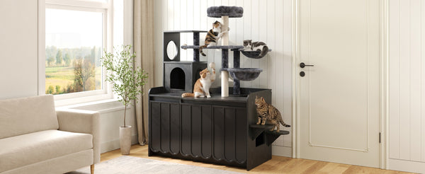 English Elm 50.6" Modern Cat Tower with Hidden Litter Enclosure Sisal Posts and Dual Hammocks N704P443505B