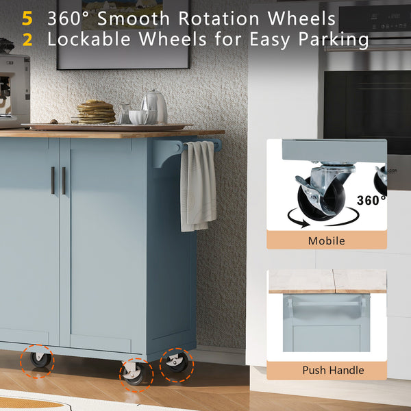 English Elm K&K Kitchen Island with Foldable Countertop, Spacious Mobile Storage Cart, Soft-Close Doors, Durable Rubberwood Top and Locking Wheels Grey-Blue N707P173036G