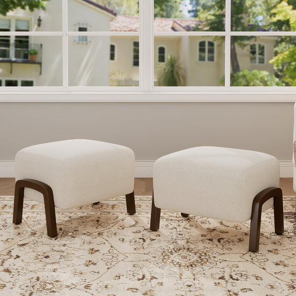 English Elm Christopher Knight Home® - Upholstered Ottoman Set Of 2: Chic White Boucle With Sturdy Wooden Legs For Modern Home Décor N757P303228W