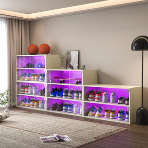 English Elm Off White Led Shoe Box Display Cabinet - 3-Tier Glass Door Storage For 6 Sneakers With Lights W1320P183134