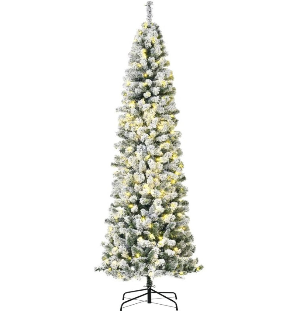 English Elm Pre-lit Flocked Pencil Tree 7.5 Ft Slim Artificial Pine with 350 Warm Led Lights T3971P415533