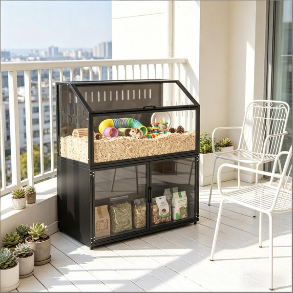English Elm Small Pet Habitat Two-tier Steel Acrylic Enclosure with Built-in Storage Cabinet T3971P500489