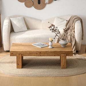 English Elm 47.6" Farmhouse Solid Wood Coffee Table Natural Rustic Rectangular Low Profile Sturdy Double Base W3306P318547