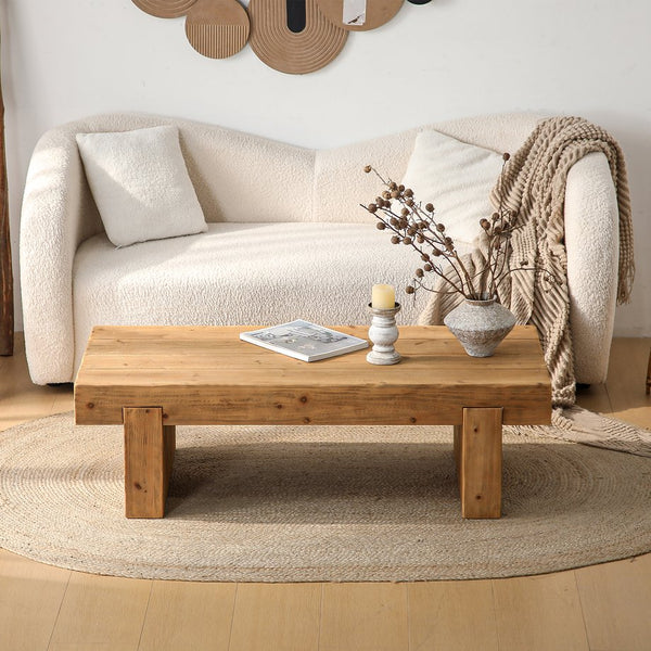 English Elm 47.6" Farmhouse Solid Wood Coffee Table Natural Rustic Rectangular Low Profile Sturdy Double Base W3306P318547