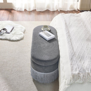 English Elm Oval Fringe Trim Upholstered Lift Top Storage Ottoman Stylish Footrest for Any Room Grey W5501P462408