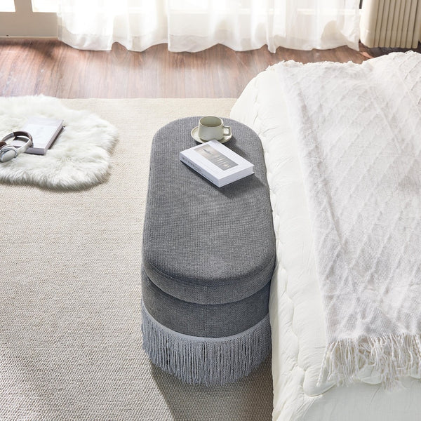 English Elm Oval Fringe Trim Upholstered Lift Top Storage Ottoman Stylish Footrest for Any Room Grey W5501P462408