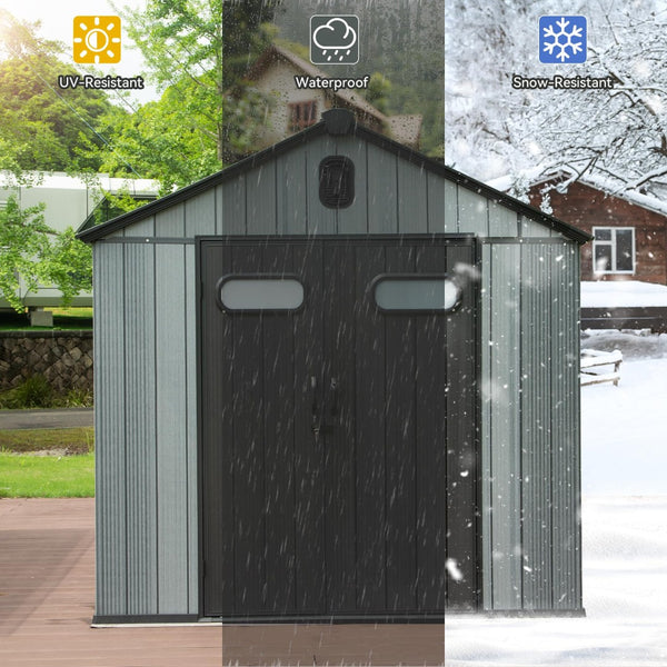 English Elm 6x6 Resin Outdoor Storage Shed with Lockable Door Skylight Vents and Wood Grain Finish W1859S00169