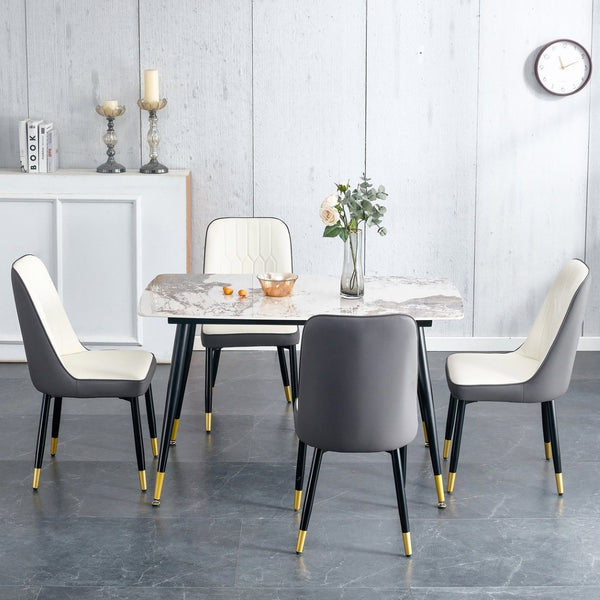 English Elm Table 5-Piece Dining Set - White Sintered Stone Table With 4 Stylish Pu Chairs In Gray & White Combo W1151S04209-GIGA