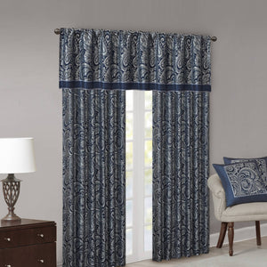 JLA Home Madison Park - Jacquard Aubrey Curtain Panels with Paisley Motif, Faux Silk Piecing, Gold Piping, OEKO‑TEX Certified Elegance Navy MP40-4898