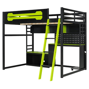 English Elm Full Size Gaming Loft Bed with Built-in Desk Led Lighting Usb Ports and Pegboard Black+Green LT000270AAG