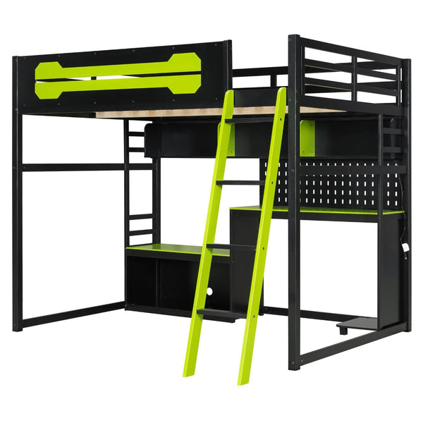 English Elm Full Size Gaming Loft Bed with Built-in Desk Led Lighting Usb Ports and Pegboard Black+Green LT000270AAG