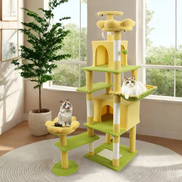 English Elm 71 Inch Floral Cat Tower with Condo Hammock Sisal Posts and Plush Perches for Large Breeds Yellow W243P326629
