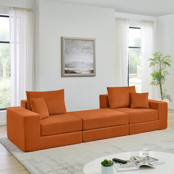 English Elm Modular Cloud Sectional Sofa with Corduroy Upholstery, Deep-Seat Sleeper Loveseat, Removable Ottoman, No-Assembly Comfort and Customizable Configuration Orange W1117P357547